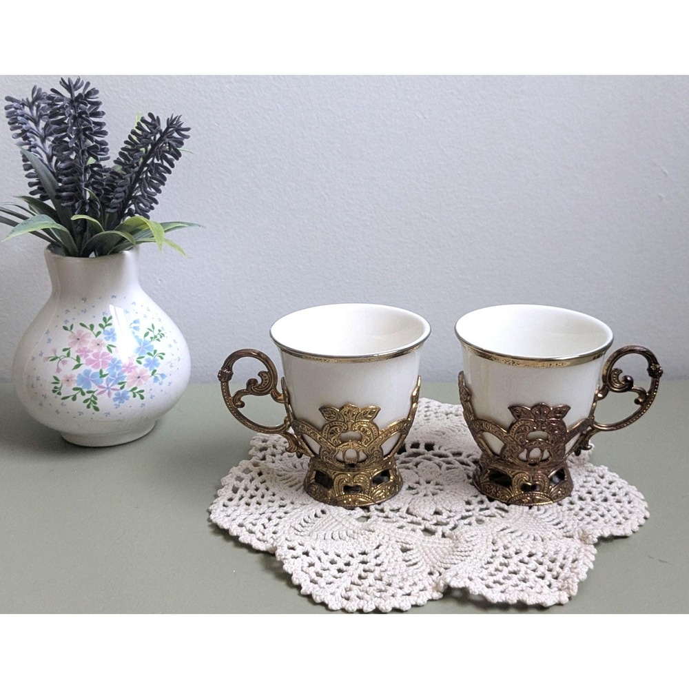 Vintage Set of 2 Espresso Cups‎ with Ornate Gold Tone Filigree Holders